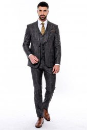 Kendinden Desenli Yelekli Slim Fit Siyah Takım Elbise - 3