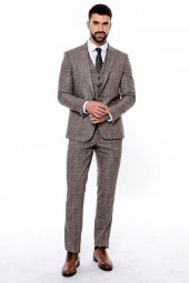 Kendinden Desenli Yelekli Slim Fit Koyu Bej Takım Elbise - 3