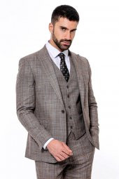 Kendinden Desenli Yelekli Slim Fit Koyu Bej Takım Elbise - 4