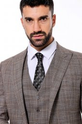 Kendinden Desenli Yelekli Slim Fit Koyu Bej Takım Elbise - 5