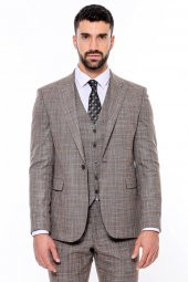 Kendinden Desenli Yelekli Slim Fit Koyu Bej Takım Elbise - 6