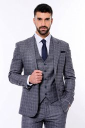 Ekose Desenli Yelekli Slim Fit Lacivert Erkek Takım Elbise - 4