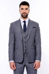 Ekose Desenli Yelekli Slim Fit Lacivert Erkek Takım Elbise - 6