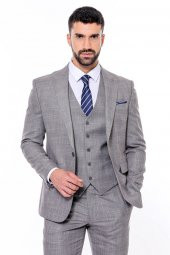 Ekose Desenli Yelekli Slim Fit Gri Erkek Takım Elbise - 4