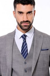 Ekose Desenli Yelekli Slim Fit Gri Erkek Takım Elbise - 1