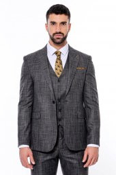 Kendinden Desenli Yelekli Slim Fit Siyah Takım Elbise - 6