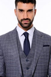 Ekose Desenli Yelekli Slim Fit Lacivert Erkek Takım Elbise - 1