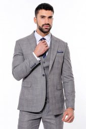 Ekose Desenli Yelekli Slim Fit Gri Erkek Takım Elbise - 6