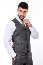 Kendinden Desenli Yelekli Slim Fit Siyah Takım Elbise - 7