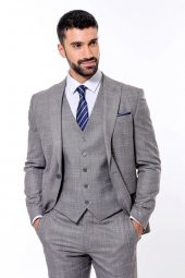 Ekose Desenli Yelekli Slim Fit Gri Erkek Takım Elbise - 7