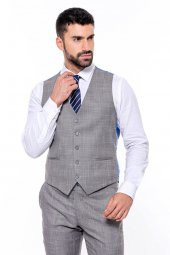 Ekose Desenli Yelekli Slim Fit Gri Erkek Takım Elbise - 8