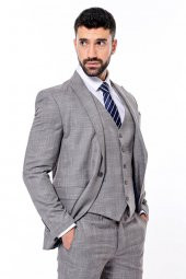 Ekose Desenli Yelekli Slim Fit Gri Erkek Takım Elbise - 9