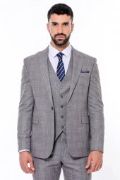 Ekose Desenli Yelekli Slim Fit Gri Erkek Takım Elbise - 10