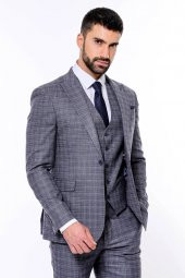 Ekose Desenli Yelekli Slim Fit Lacivert Erkek Takım Elbise - 8