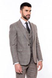 Kendinden Desenli Yelekli Slim Fit Koyu Bej Takım Elbise - 1