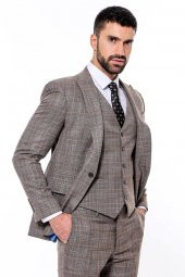 Kendinden Desenli Yelekli Slim Fit Koyu Bej Takım Elbise - 7