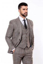 Kendinden Desenli Yelekli Slim Fit Koyu Bej Takım Elbise - 8
