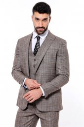 Kendinden Desenli Yelekli Slim Fit Koyu Bej Takım Elbise - 9