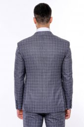 Ekose Desenli Yelekli Slim Fit Lacivert Erkek Takım Elbise - 9