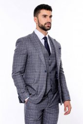 Ekose Desenli Yelekli Slim Fit Lacivert Erkek Takım Elbise - 10