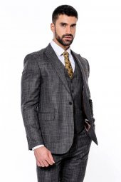 Kendinden Desenli Yelekli Slim Fit Siyah Takım Elbise - 10