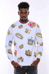 Beyaz Baskılı Taşlı Bisiklet Yaka Sweatshirt - 8