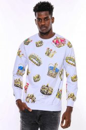 Beyaz Baskılı Taşlı Bisiklet Yaka Sweatshirt - 9