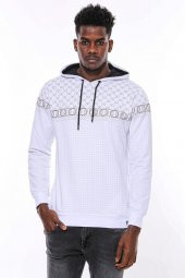 Beyaz Kapşonlu Desenli Sweatshirt - 10