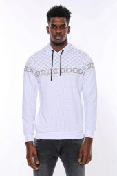 Beyaz Kapşonlu Desenli Sweatshirt - 2