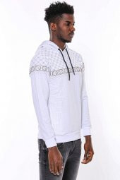 Beyaz Kapşonlu Desenli Sweatshirt - 4
