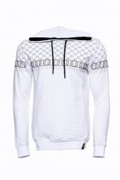 Beyaz Kapşonlu Desenli Sweatshirt - 5