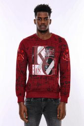 Bordo Taşlı Baskılı Sweatshirt - 1