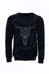 Lacivert Taşlı Desenli Sweatshirt - 1