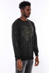 Siyah Taşlı Baskılı Sweatshirt - 4