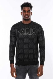 Siyah Taşlı Desenli Sweatshirt - 2