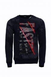 Lacivert Taşlı Baskılı Desenli Sweatshirt - 1