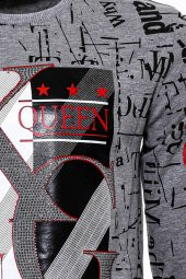 Gri Taşlı Baskılı Desenli Sweatshirt - 7