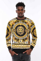 Siyah Üzerine Taşlı Baskılı  Bisiklet Yaka Sweatshirt - 9