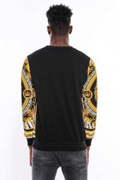 Siyah Üzerine Taşlı Baskılı  Bisiklet Yaka Sweatshirt - 3