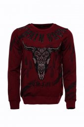Bordo Taşlı Baskılı Bsiklet Yaka Sweatshirt - 1