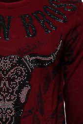 Bordo Taşlı Baskılı Bsiklet Yaka Sweatshirt - 2