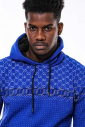 Lacivert Kapşonlu Taşlı Baskılı Desenli Sweatshirt - 3