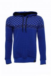 Lacivert Kapşonlu Taşlı Baskılı Desenli Sweatshirt - 4