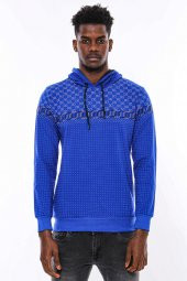 Lacivert Kapşonlu Taşlı Baskılı Desenli Sweatshirt - 5