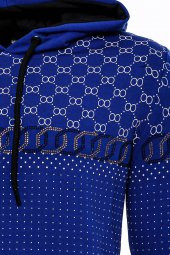 Lacivert Kapşonlu Taşlı Baskılı Desenli Sweatshirt - 6