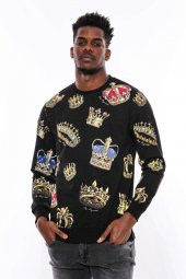 Siyah Bisiklet Yaka Taşlı Ve Baskılı Sweatshirt - 1