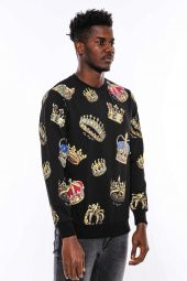 Siyah Bisiklet Yaka Taşlı Ve Baskılı Sweatshirt - 3