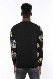Siyah Bisiklet Yaka Taşlı Ve Baskılı Sweatshirt - 4