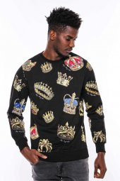 Siyah Bisiklet Yaka Taşlı Ve Baskılı Sweatshirt - 5