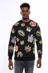 Siyah Bisiklet Yaka Taşlı Ve Baskılı Sweatshirt - 6
